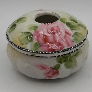 Antique Vintage Hair Receiver Hand Painted Pink Roses Green Leaves Porcelain